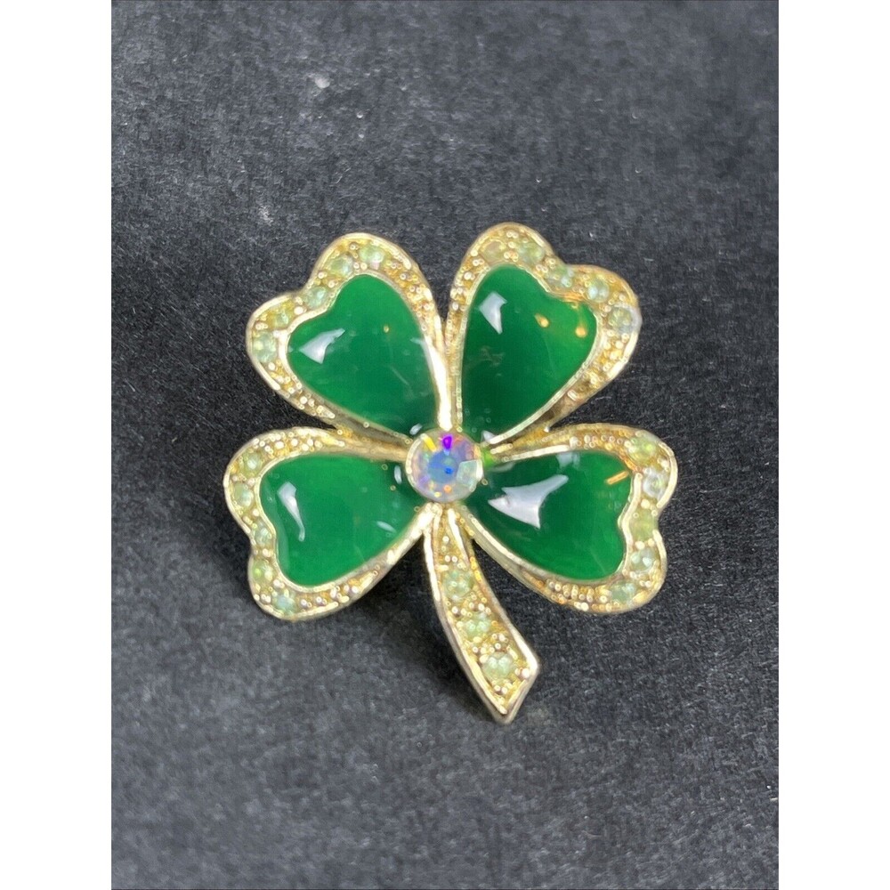 VTG Nina Ricci Green Four Leaf Clover Shamrock Lapel Hat Jacket Pin Rhinestones